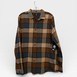 Volcom Men's Casual Plaid Shirt - Tan and Blue